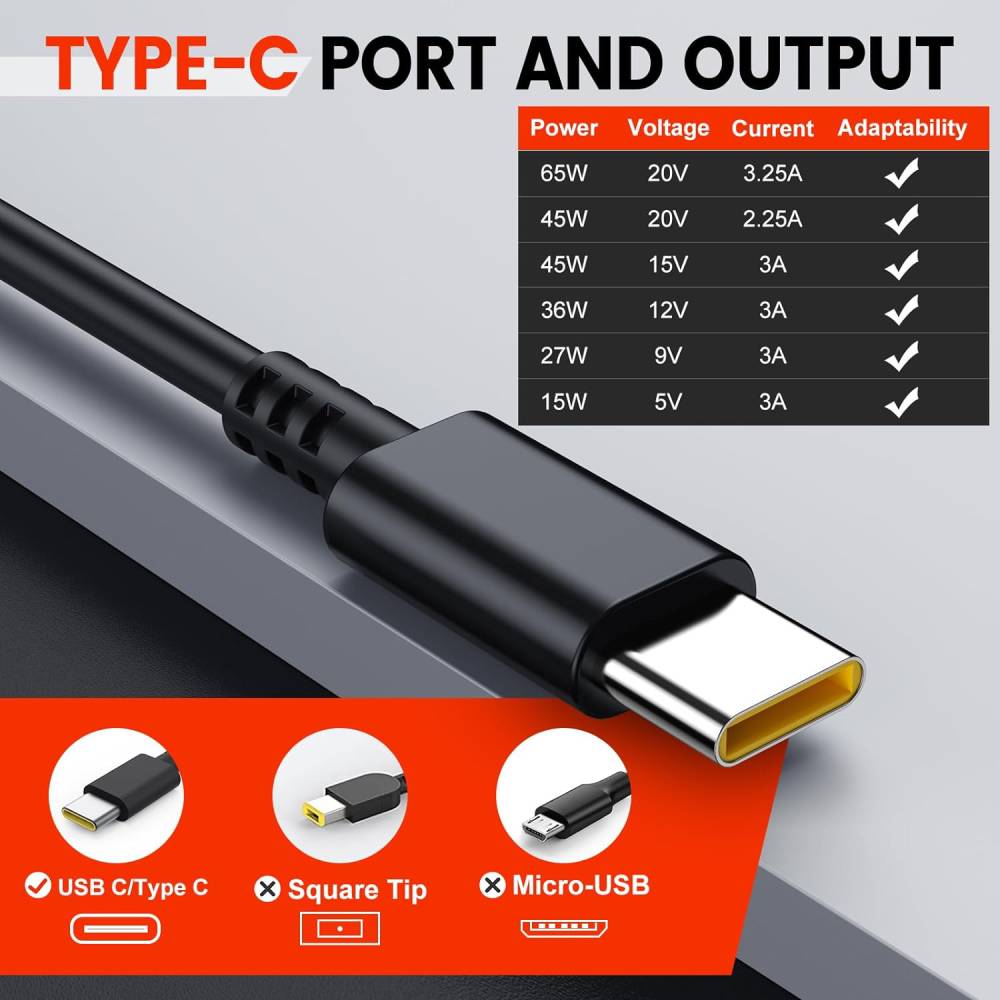 65W USB-C Laptop Charger Adapter – Universal For HP Chromebook Lenovo ThinkPad Dell MacBook – PA-UBC-A