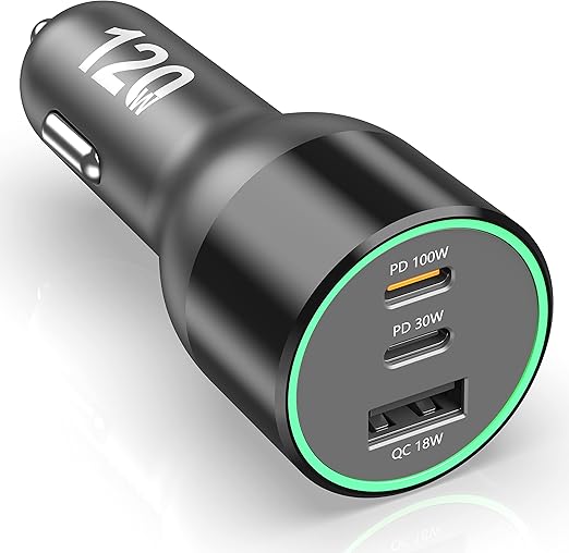 120W Car Charger, 3-Port USB Type-C Fast Charging