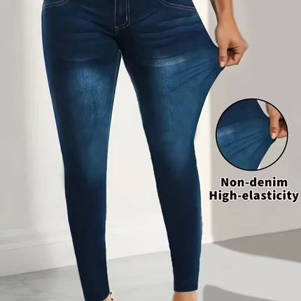 Women’s Elegant Stretch Imitation Denim Leggings, High-Waisted Slim Fit