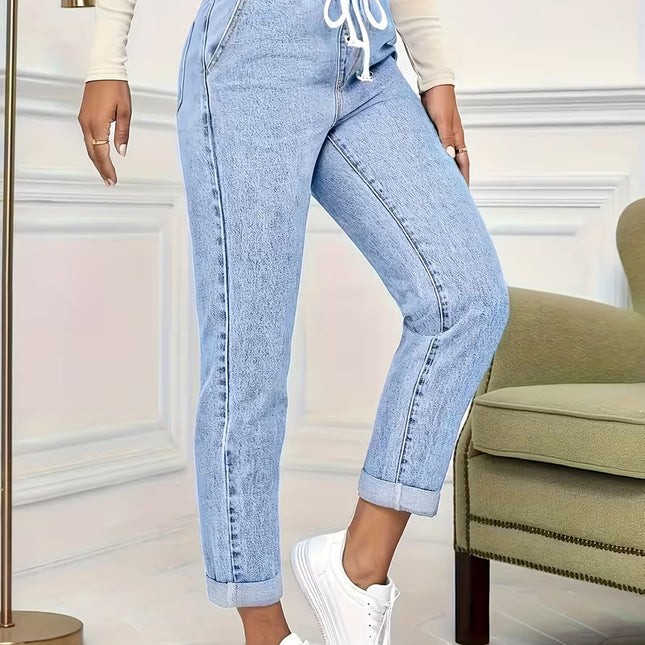 Women’s Stretch Drawstring Cropped Jeans, High-Waist Acid Wash Denim