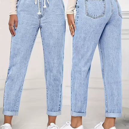 Women’s Stretch Drawstring Cropped Jeans, High-Waist Acid Wash Denim
