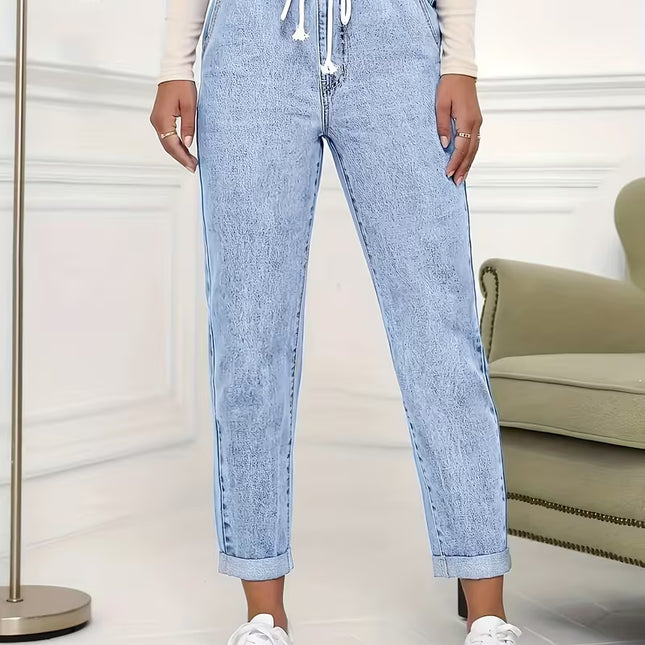 Women’s Stretch Drawstring Cropped Jeans, High-Waist Acid Wash Denim