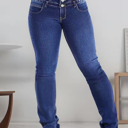 High-Waisted Slim Denim Pants with Fishbone Waistband & Buttons