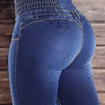 High-Waisted Slim Denim Pants with Fishbone Waistband & Buttons