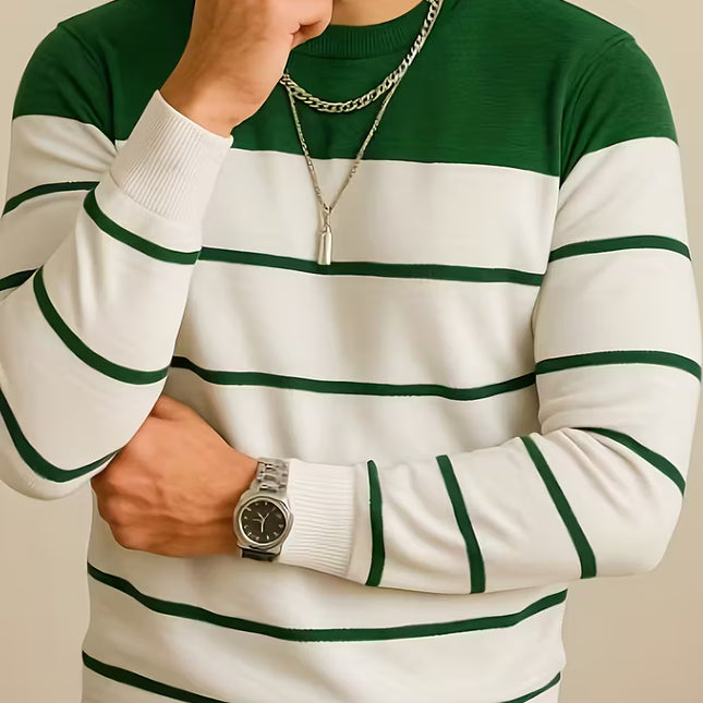 Men’s All-Season Stripe Knit Sweater – Soft, Stretchy, Anti-Pill Pullover