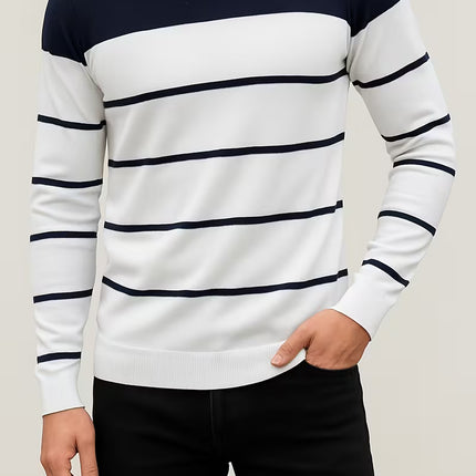 Men’s All-Season Stripe Knit Sweater – Soft, Stretchy, Anti-Pill Pullover
