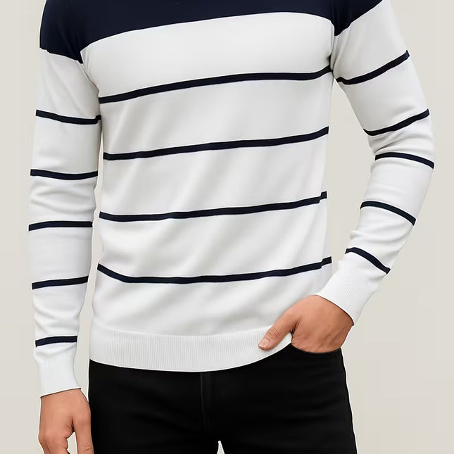 Men’s All-Season Stripe Knit Sweater – Soft, Stretchy, Anti-Pill Pullover