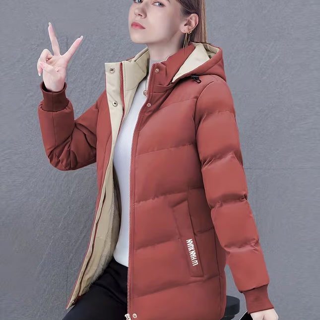 Women's Elegant Winter Hooded Jacket – Thickened Solid-Color Coat