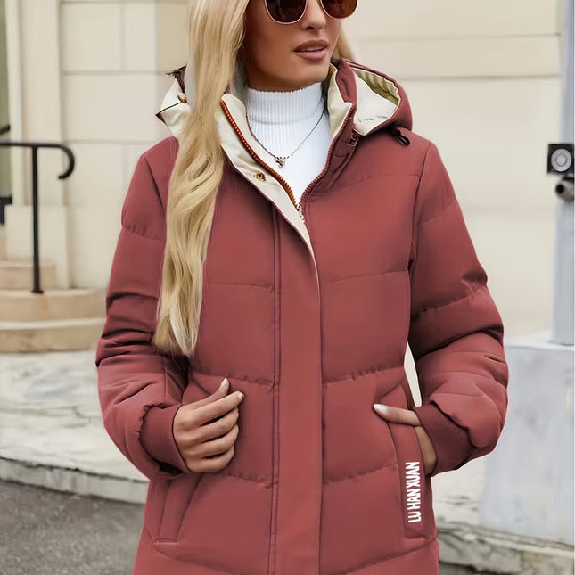 Women's Elegant Winter Hooded Jacket – Thickened Solid-Color Coat