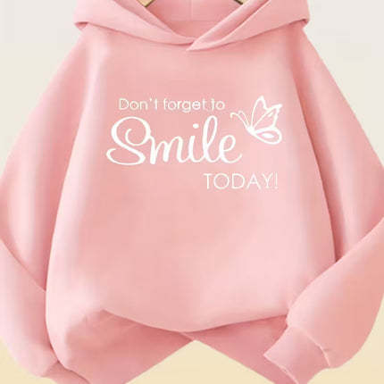 Pink Hoodie with “Don’t Forget to Smile Today” & Butterfly Graphic