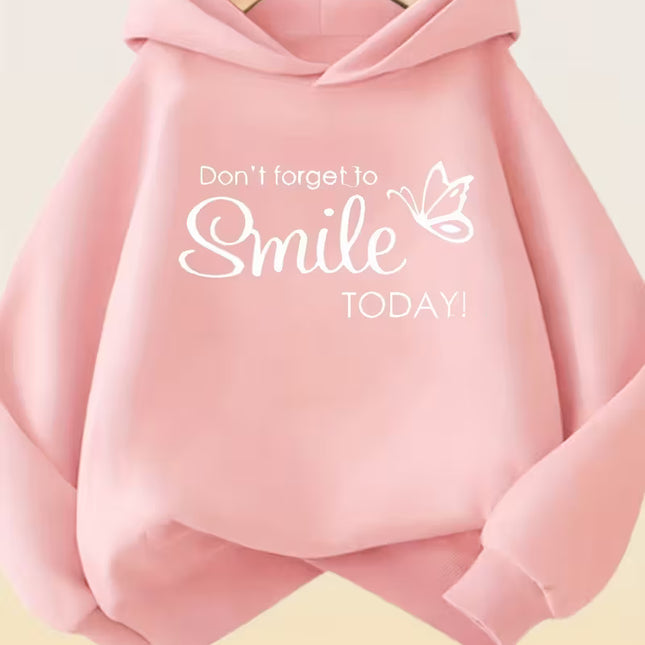 Pink Hoodie with “Don’t Forget to Smile Today” & Butterfly Graphic