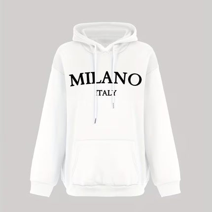 Hooded Sweatshirt - Oversized Round Neck Pullover with MILANO ITALY Text