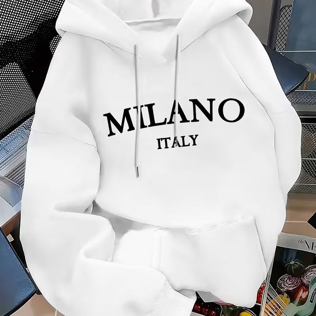 Hooded Sweatshirt - Oversized Round Neck Pullover with MILANO ITALY Text