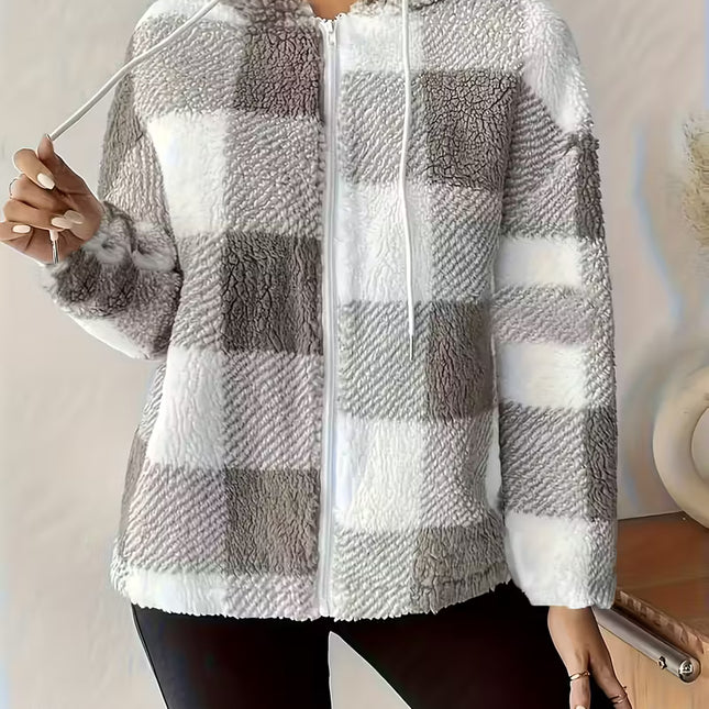 Women’s Plush Checkered Coat – Soft, Warm Winter Outerwear