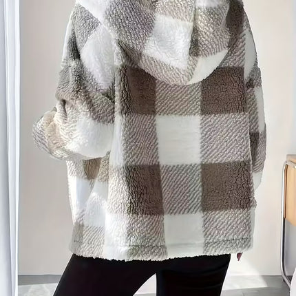 Women’s Plush Checkered Coat – Soft, Warm Winter Outerwear