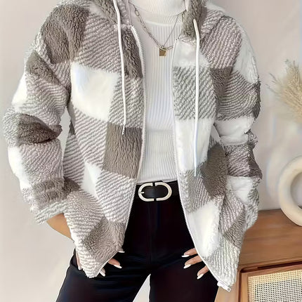 Women’s Plush Checkered Coat – Soft, Warm Winter Outerwear
