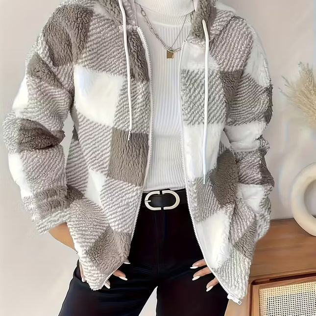Women’s Plush Checkered Coat – Soft, Warm Winter Outerwear